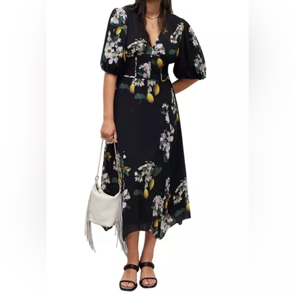 AllSaints Black Floral & Lemon Print Midi Dress